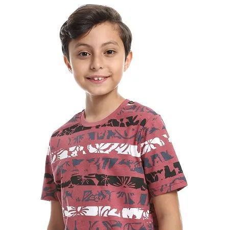 Boys Tri-Tone Floral & Pants Pajama Set - Dark Red & Black