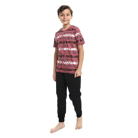 Boys Tri-Tone Floral & Pants Pajama Set - Dark Red & Black