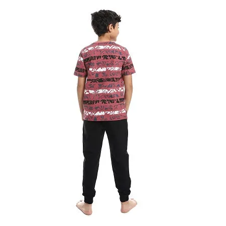 Boys Tri-Tone Floral & Pants Pajama Set - Dark Red & Black