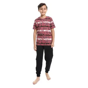 Boys Tri-Tone Floral & Pants Pajama Set - Dark Red & Black