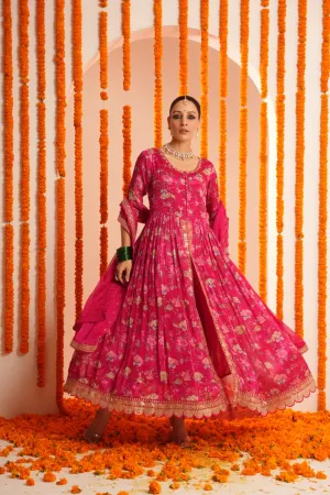 Dark Pink Floral Printed Chinon Silk Anarkali Set