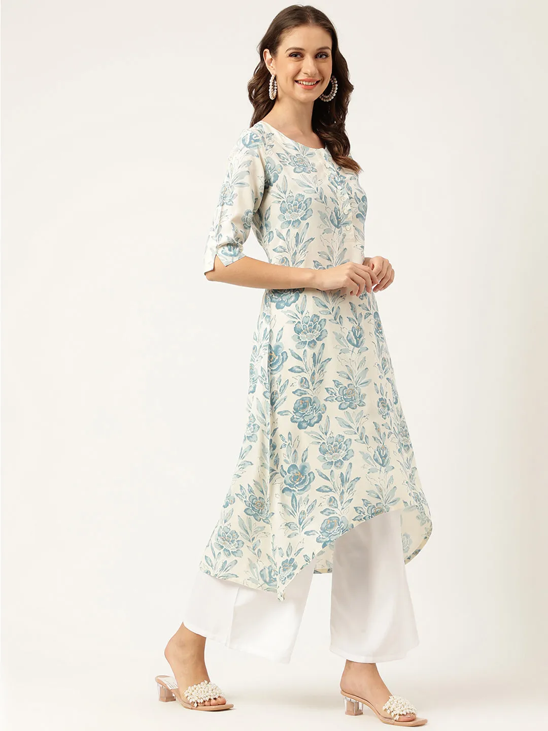 Floral Print A-Line Kurta With Asymmetric Hemline