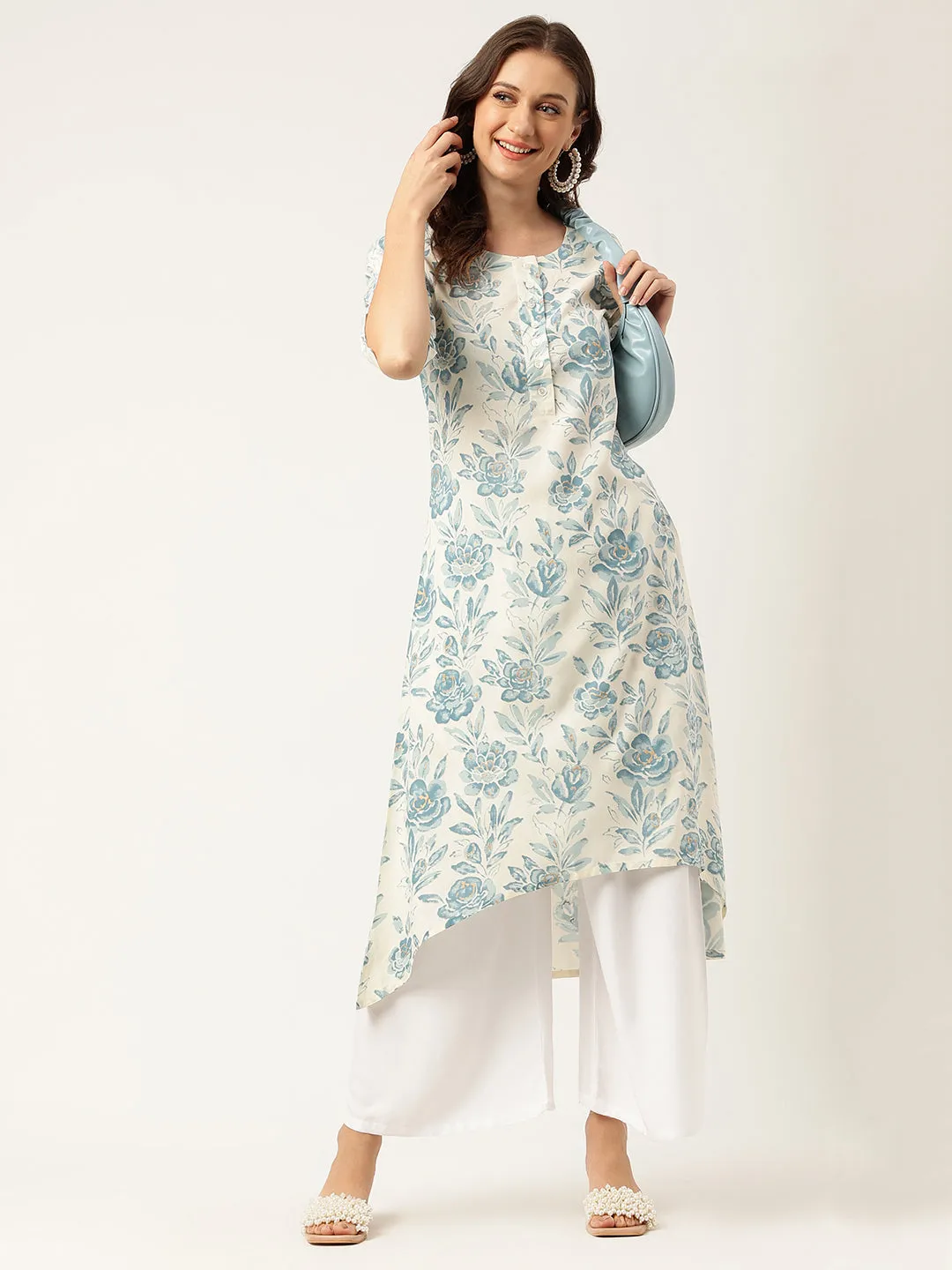 Floral Print A-Line Kurta With Asymmetric Hemline