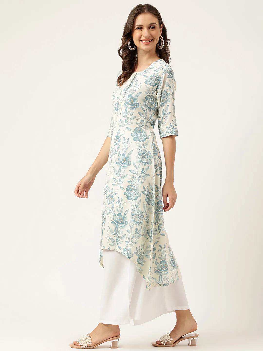 Floral Print A-Line Kurta With Asymmetric Hemline