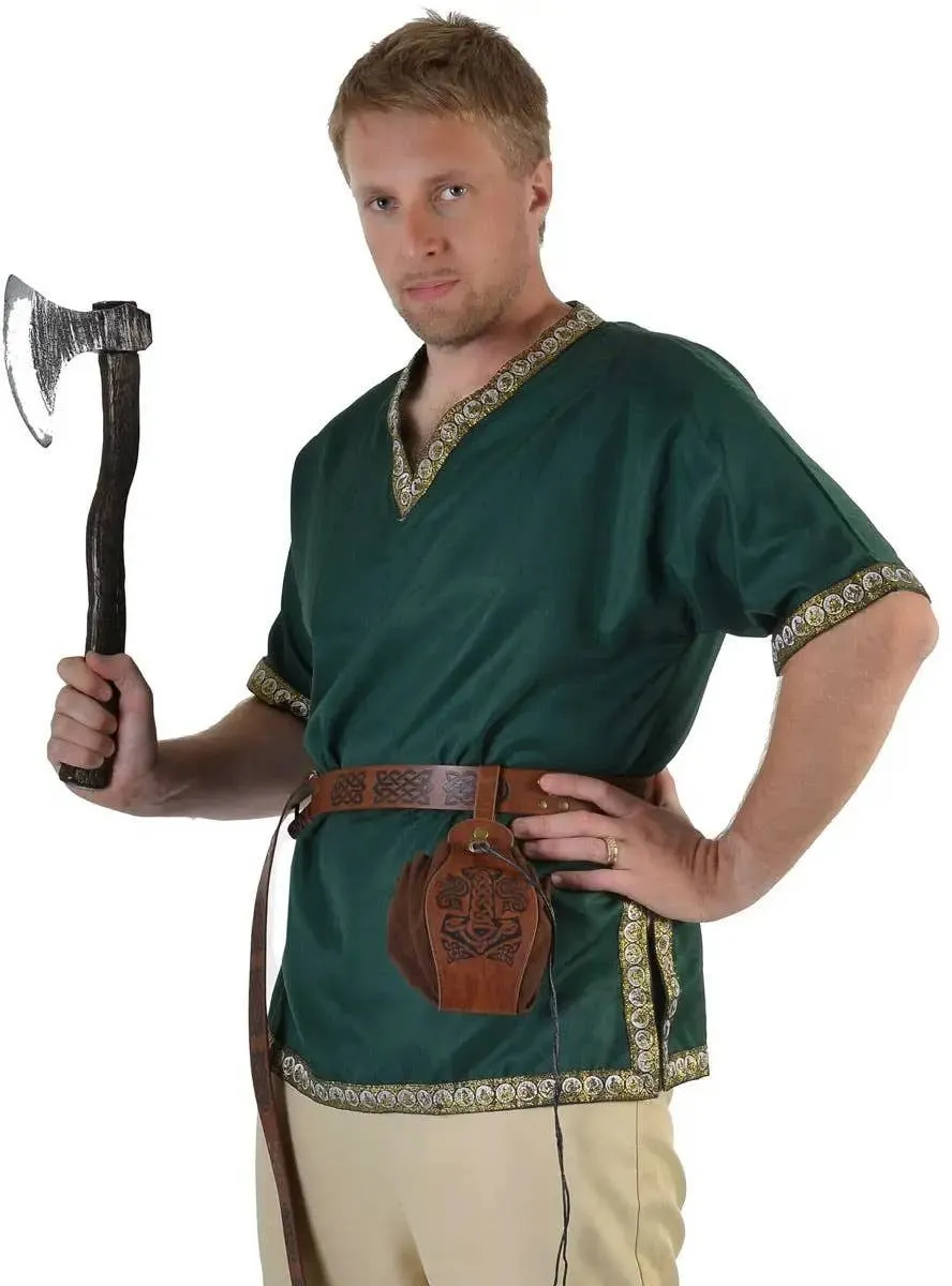 Mens Plus Size Green Medieval Costume Shirt with Jacquard Trim