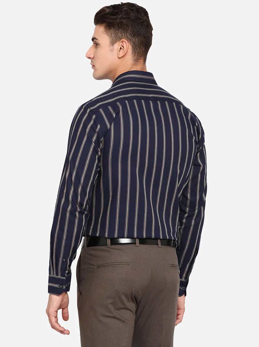 Navy Blue & Khaki Striped Regular Fit Formal Shirt | JadeBlue