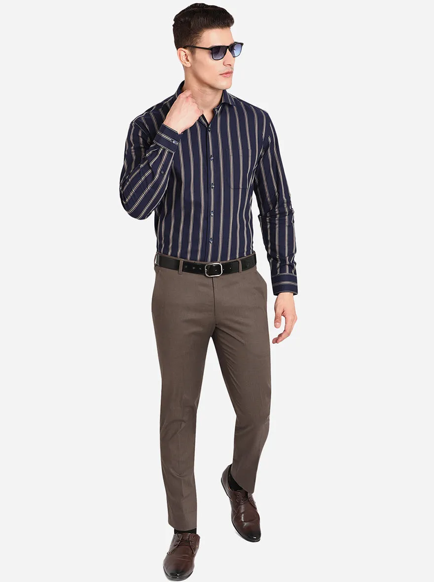 Navy Blue & Khaki Striped Regular Fit Formal Shirt | JadeBlue