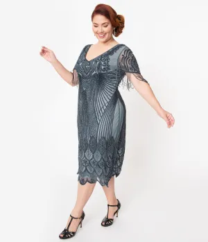 Plus Size 1920s Blue Grey Beaded Marta Flapper Dress