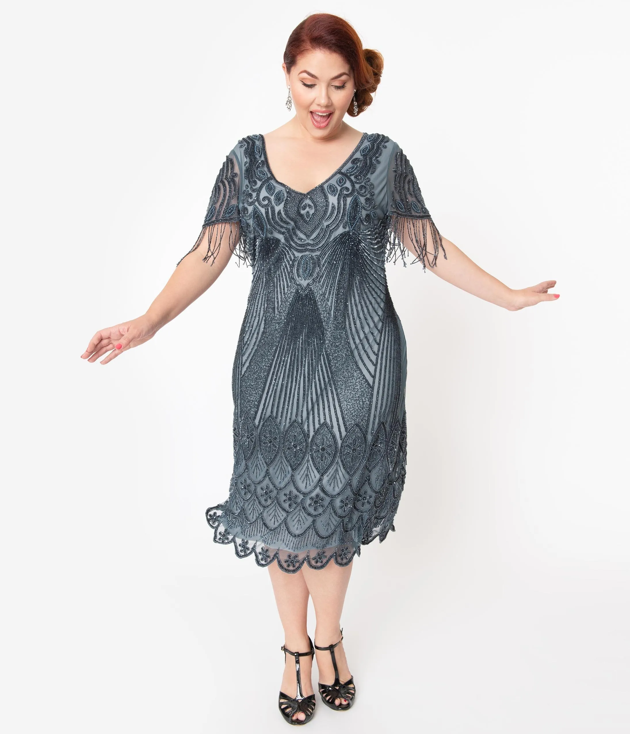 Plus Size 1920s Blue Grey Beaded Marta Flapper Dress