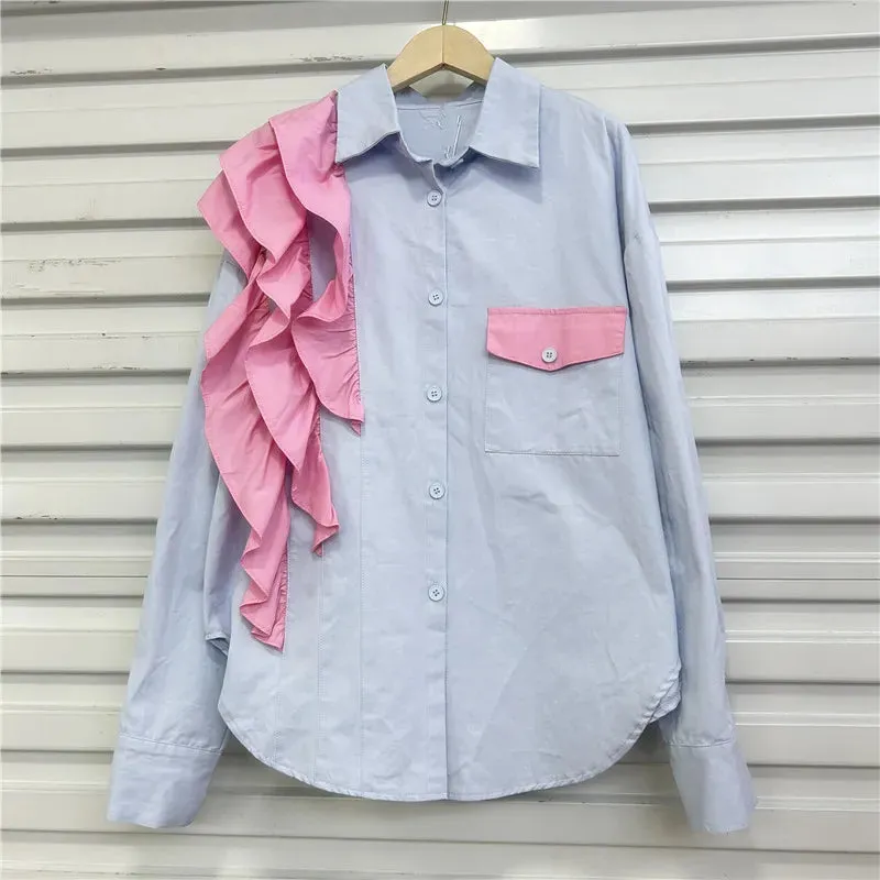 Pre Order:  Retro Asymmetric Ruffle Loose Casual Shirt