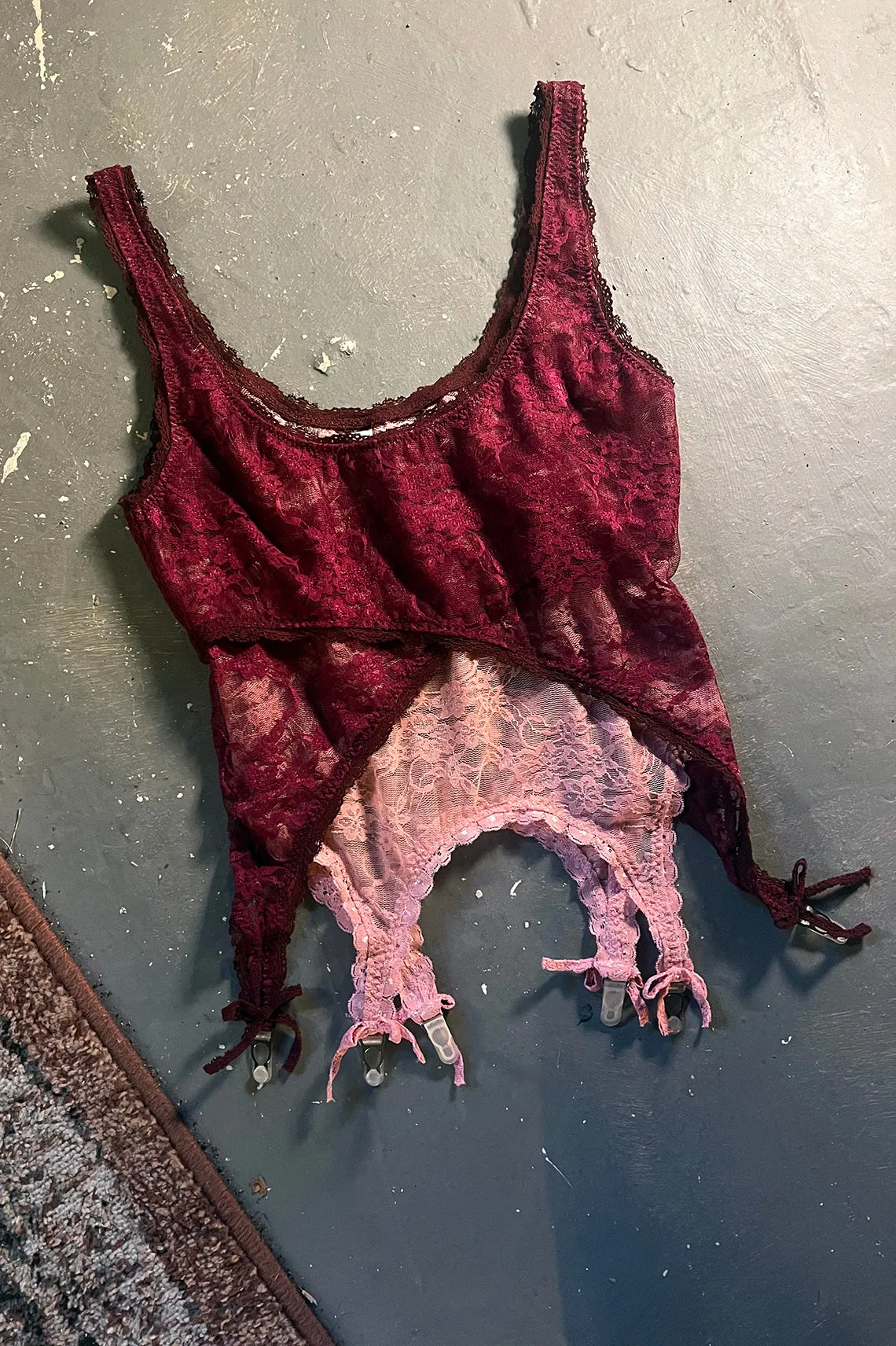 READY TO SHIP / Rosehip Garter Tank in Burgundy and Pink Surplus Lace (1S,1M)