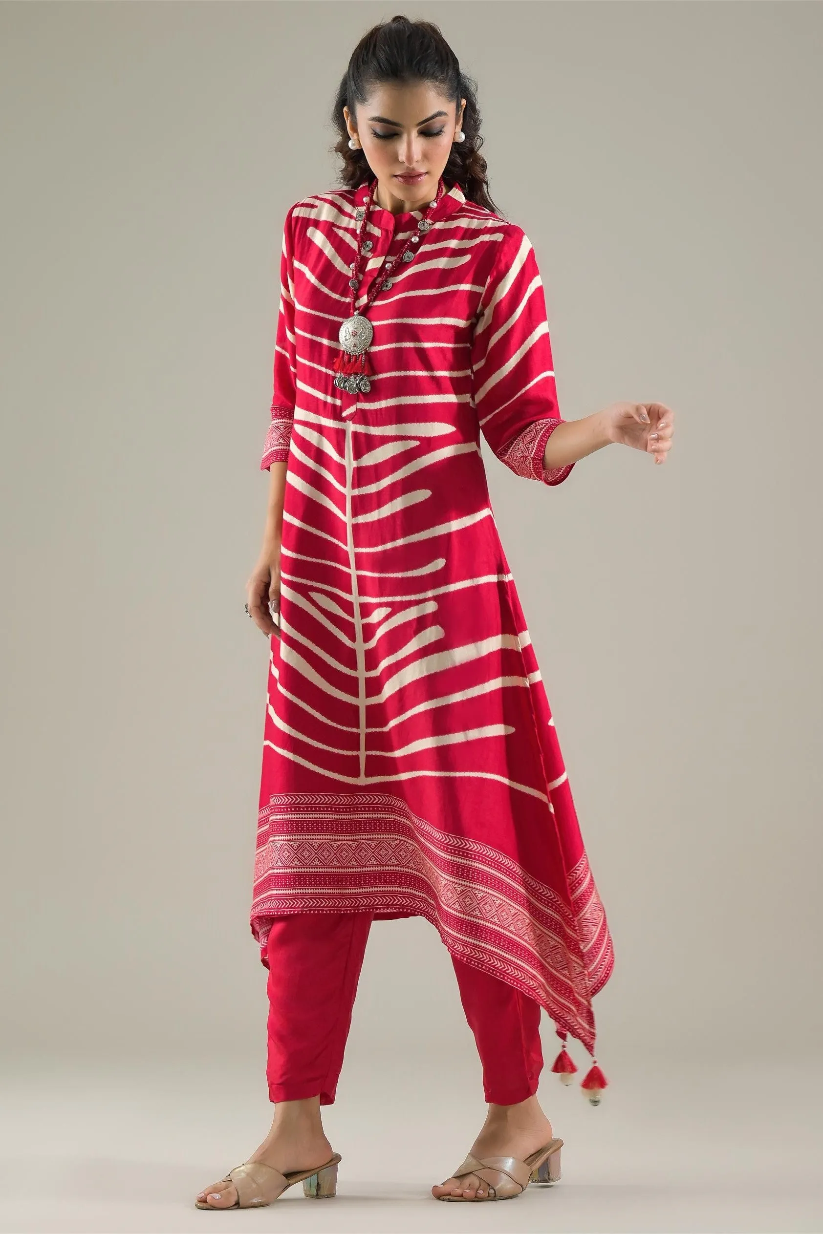 Red Stripe Printed Muslin Silk Kurta Pant Set