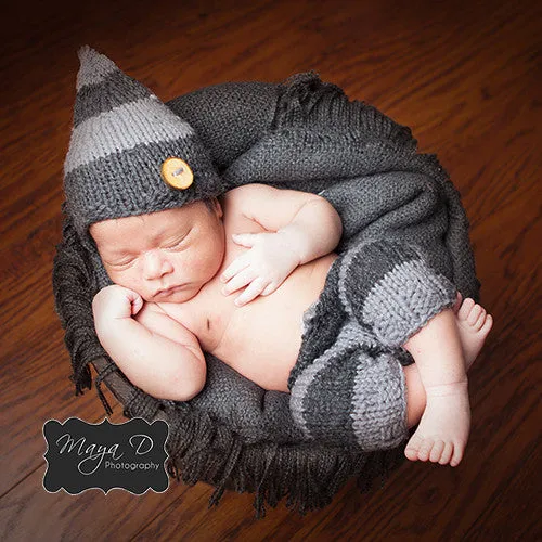 Soft Gray Striped Newborn Boys Hat and Pant Set Newborn Crochet Baby Hat Infant Hat