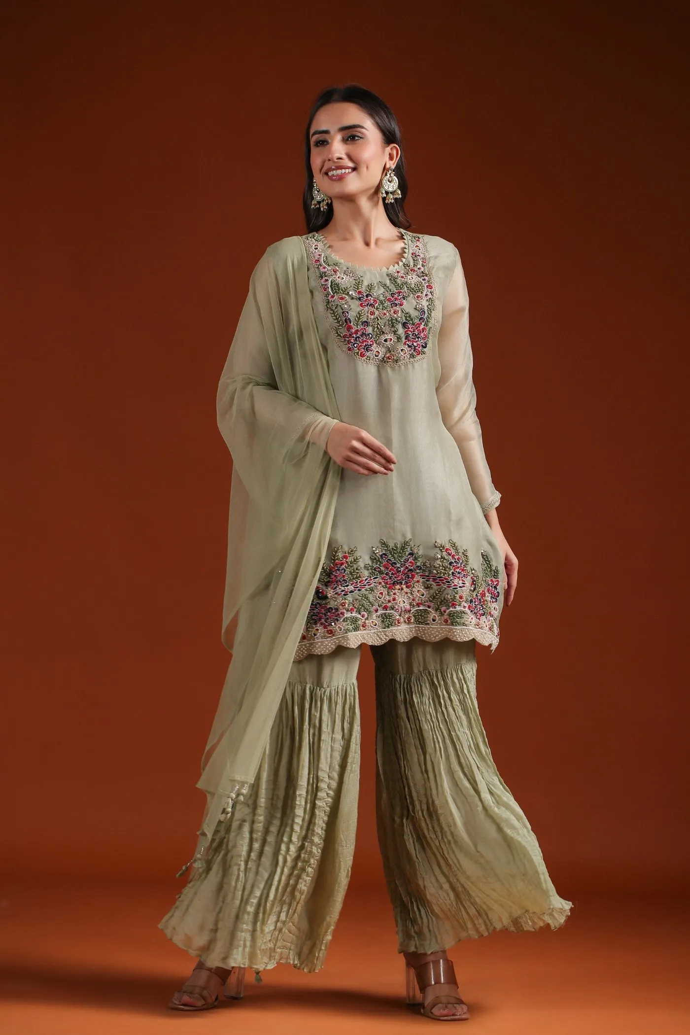 Soft Green Embroidered Organza Silk Sharara Set