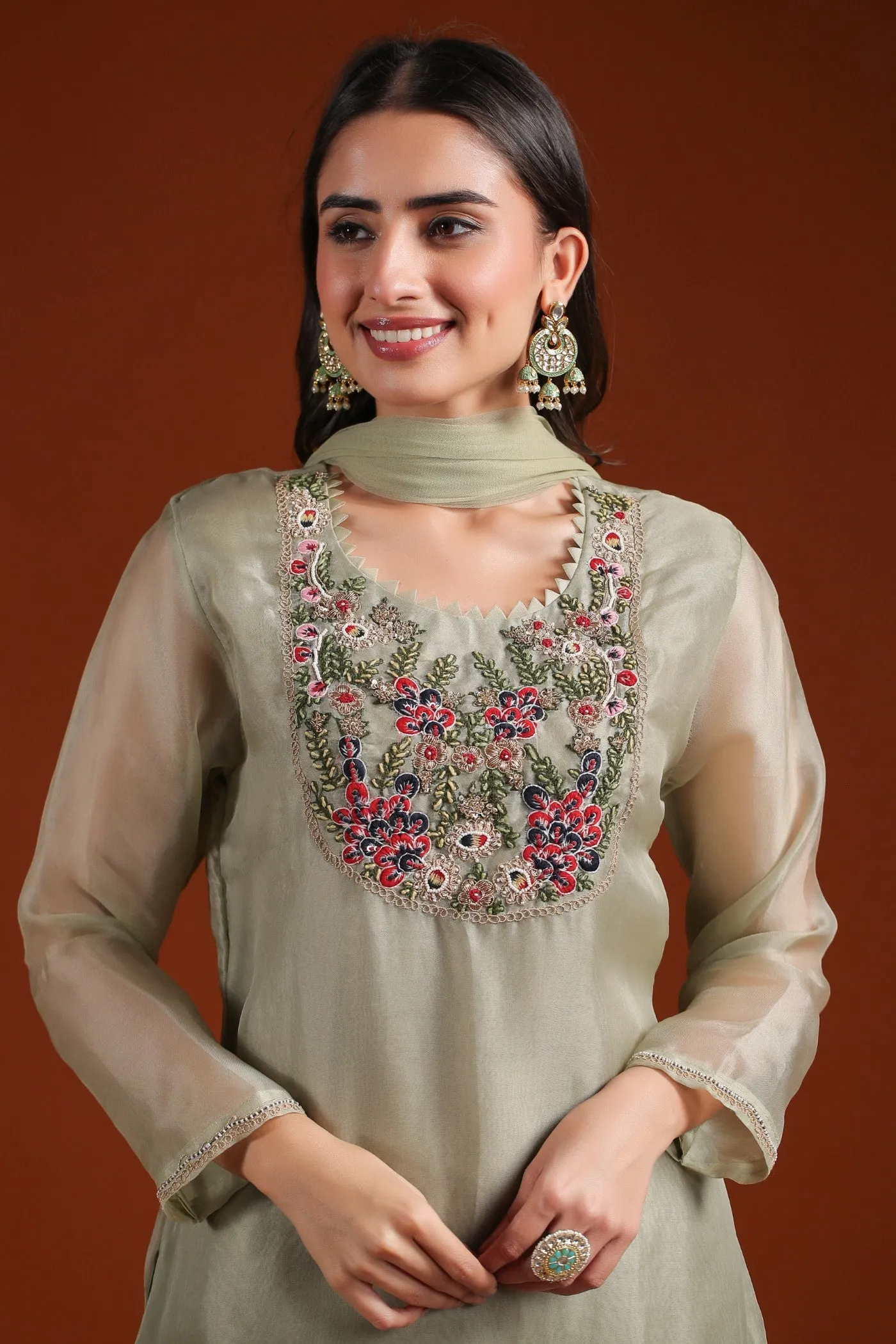 Soft Green Embroidered Organza Silk Sharara Set