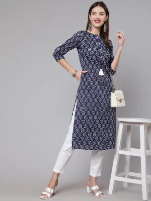 Women Navy Blue Printed Straight Kurta With Three Quarter Sleeves