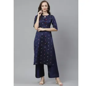 Women'S Navy Blue & Golden Woven Design Kurta With Palazzos